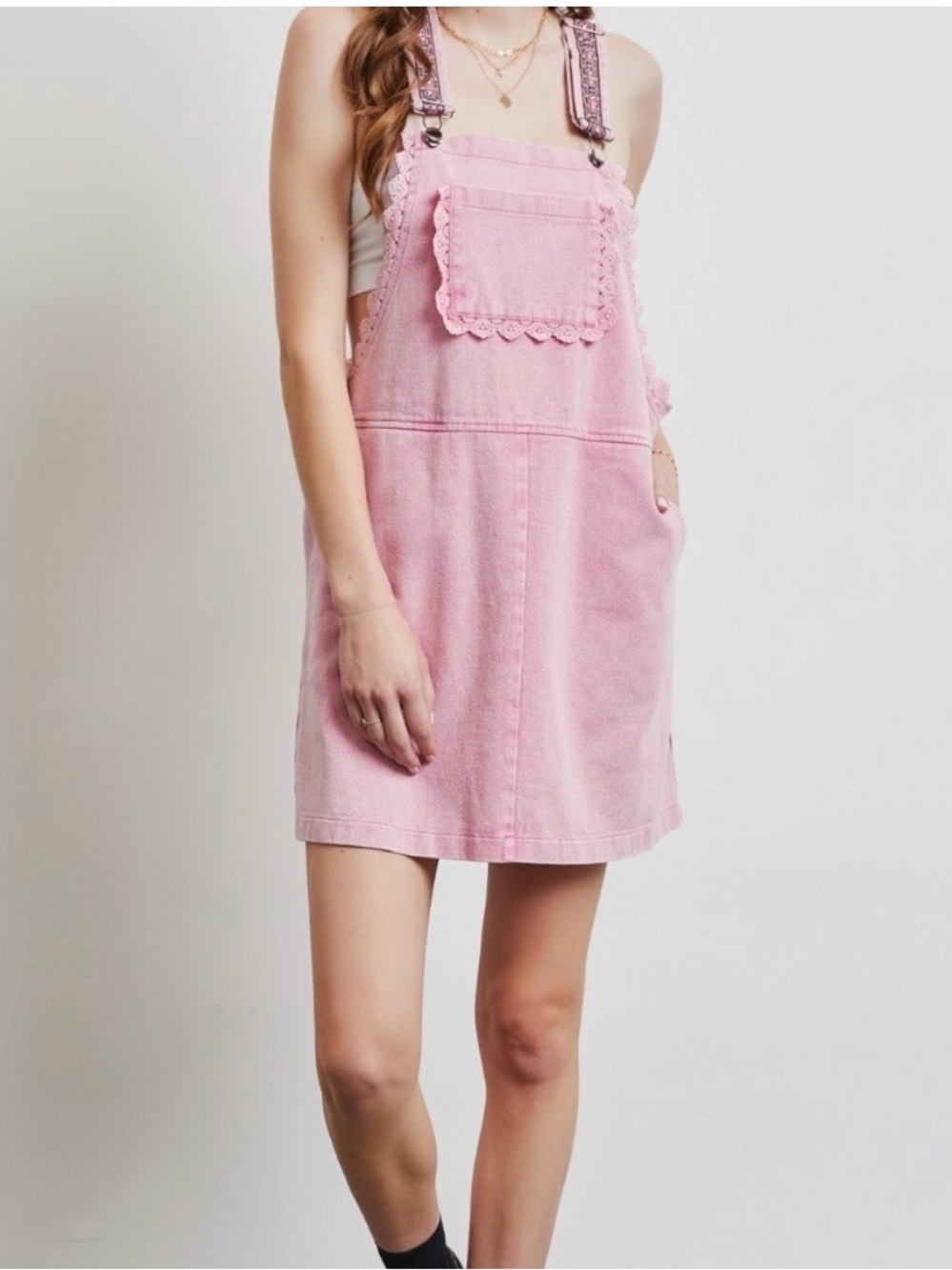Heyson Pink Skirtall - Scallop Pocket Mini Overall Dress - Lace Embroidery